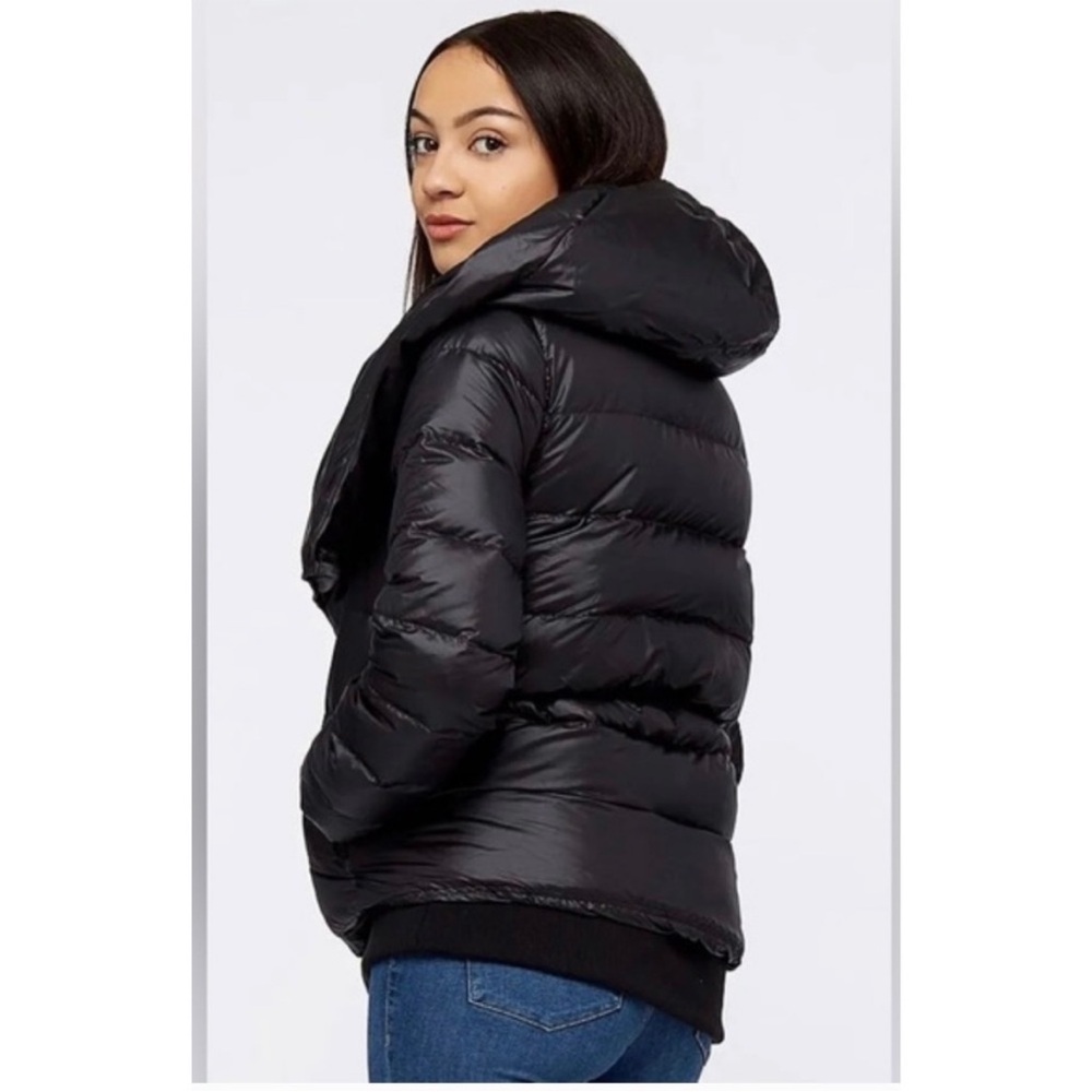 NIKE Hooded Down Puffer Jacket Women's Size XS Asymmetrical Black Winter Coat - Picture 4 of 14